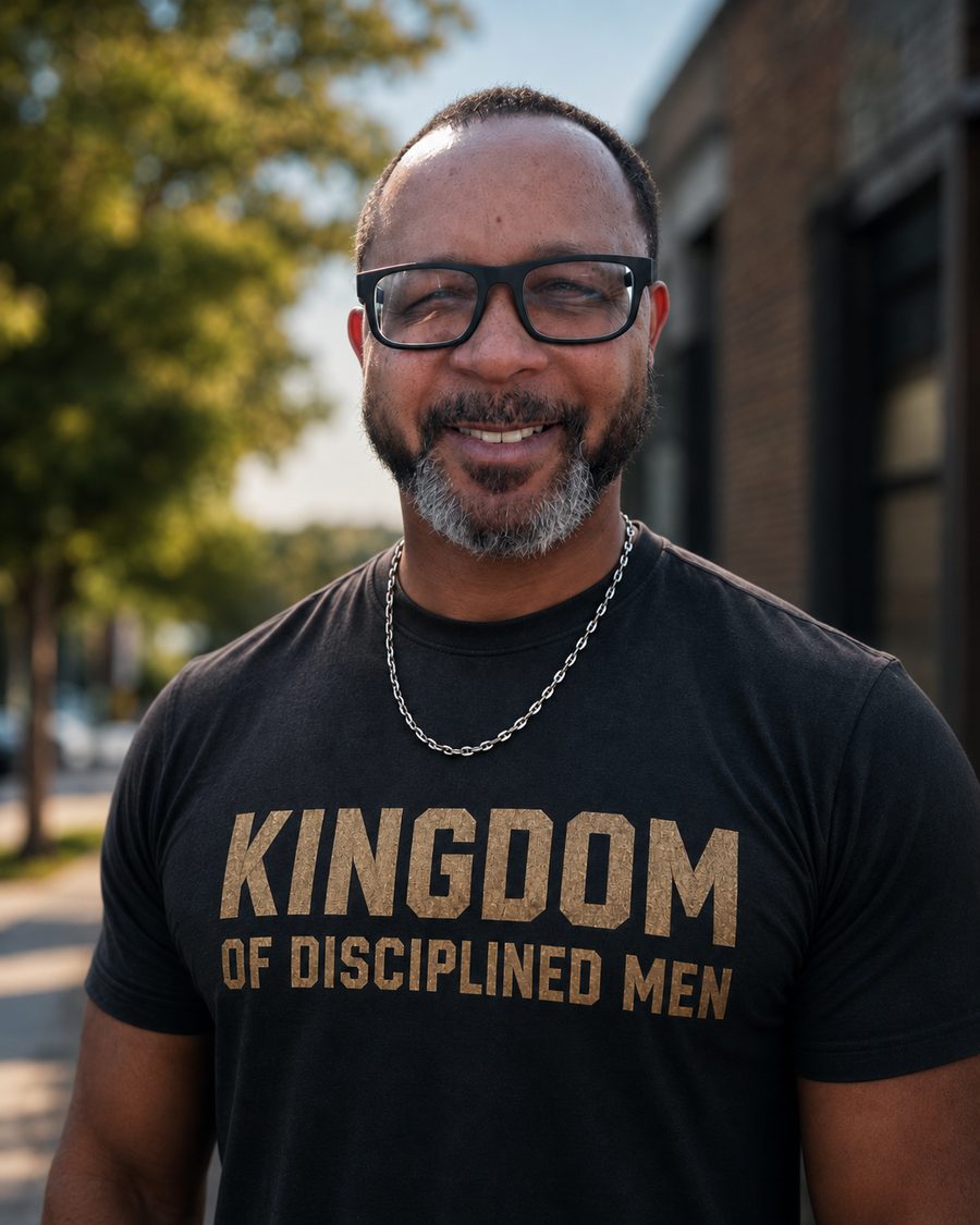 Larry Beacham, founder of the Kingdom of Disciplined Men, wearing a Kingdom of Disciplined Men shirt.
